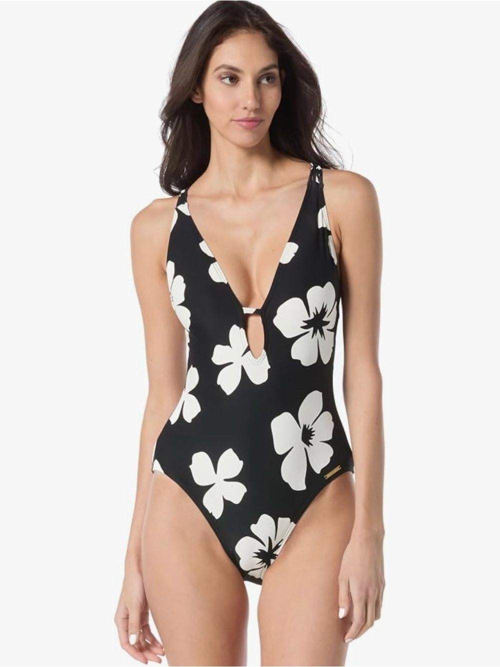 Vince Camuto Women's Plunge V-Neck One Piece Swimsuit size 14 Black White.R9C